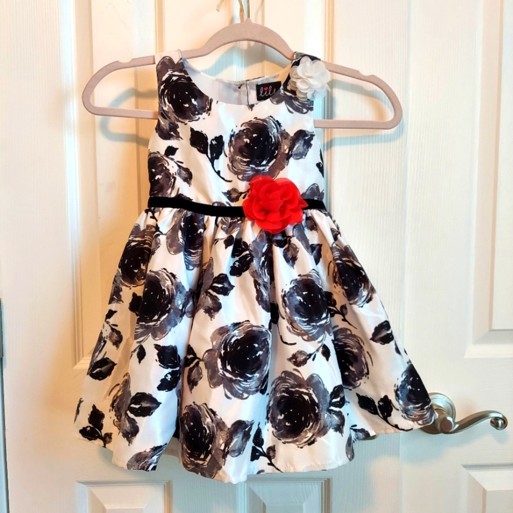 Lilt Floral black white dress has under slip red flower Button Back Girls Size 4